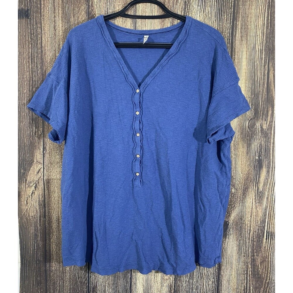 Intimately Free People Womens Oversized Tunic Top Sz Large Blue V-Neck Cotton